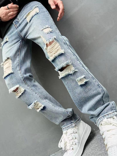 Men's Distressed Design Zip Fly Jeans