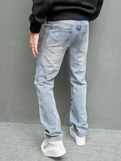 Men's Distressed Design Zip Fly Jeans