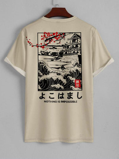 Men's Plum Blossom Japanese Letter Graphic Printed Short Sleeves T-shirt