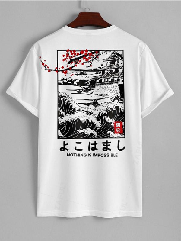 Men's Plum Blossom Japanese Letter Graphic Printed Short Sleeves T-shirt