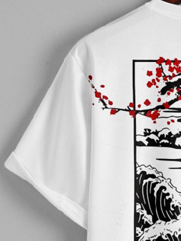 Men's Plum Blossom Japanese Letter Graphic Printed Short Sleeves T-shirt Kosyway