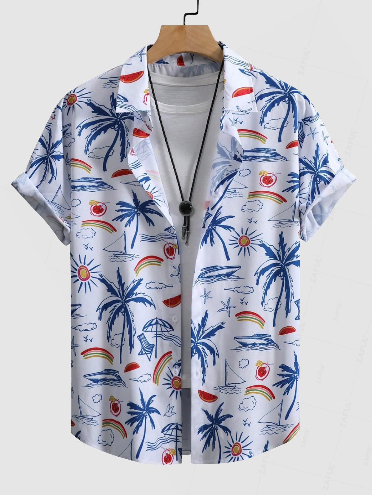 Men's Coconut Tree Cloud Sailboat Sun Bird Graphic Printed Short Sleeve Shirt Kosyway