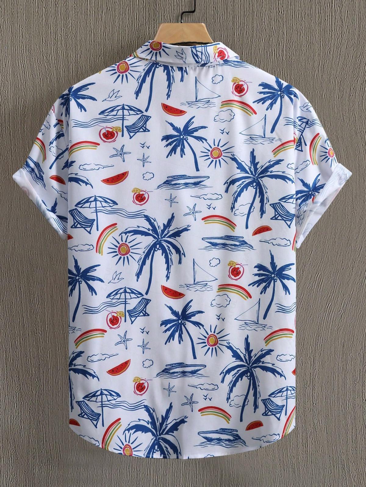 Men's Coconut Tree Cloud Sailboat Sun Bird Graphic Printed Short Sleeve Shirt Kosyway