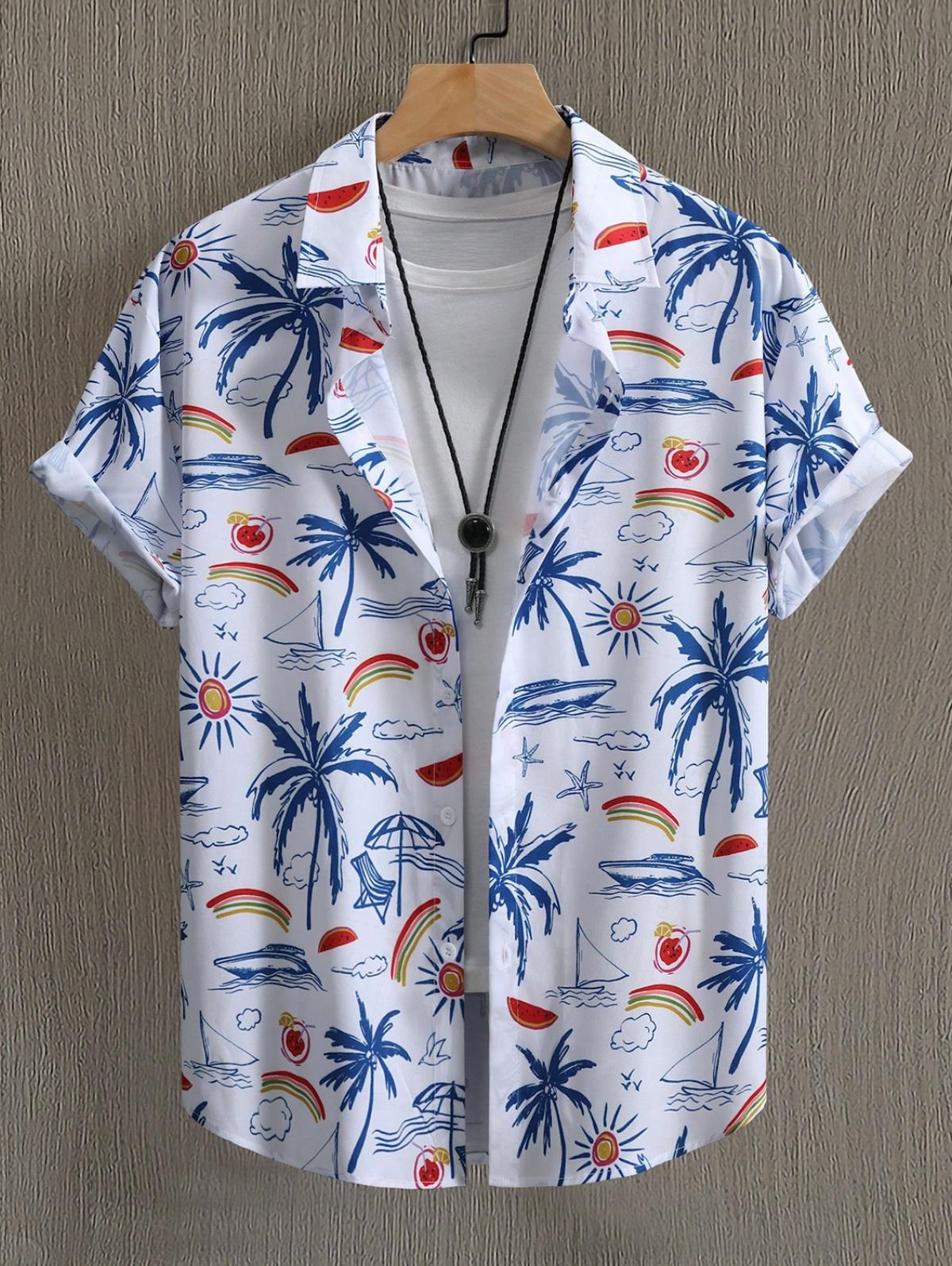 Men's Coconut Tree Cloud Sailboat Sun Bird Graphic Printed Short Sleeve Shirt