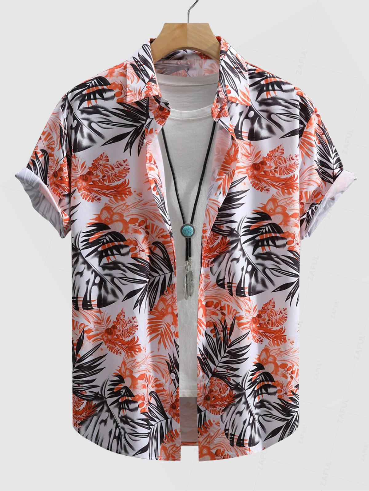 Men's Tropical Leaves Pattern Casual Beach Vacation Button Short Sleeves Shirt