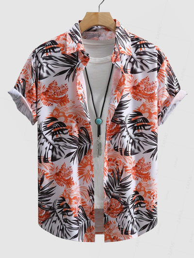 Men's Tropical Leaves Pattern Casual Beach Vacation Button Short Sleeves Shirt Kosyway