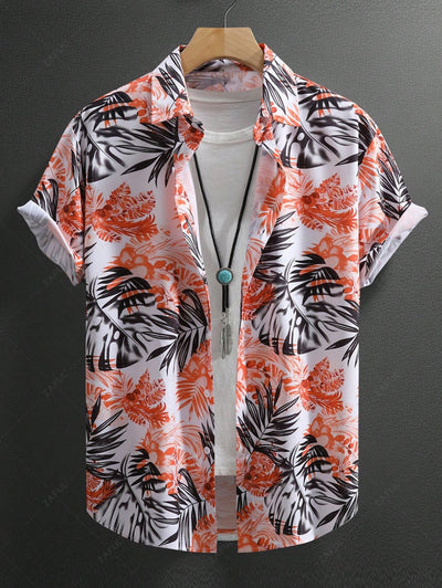 Men's Tropical Leaves Pattern Casual Beach Vacation Button Short Sleeves Shirt