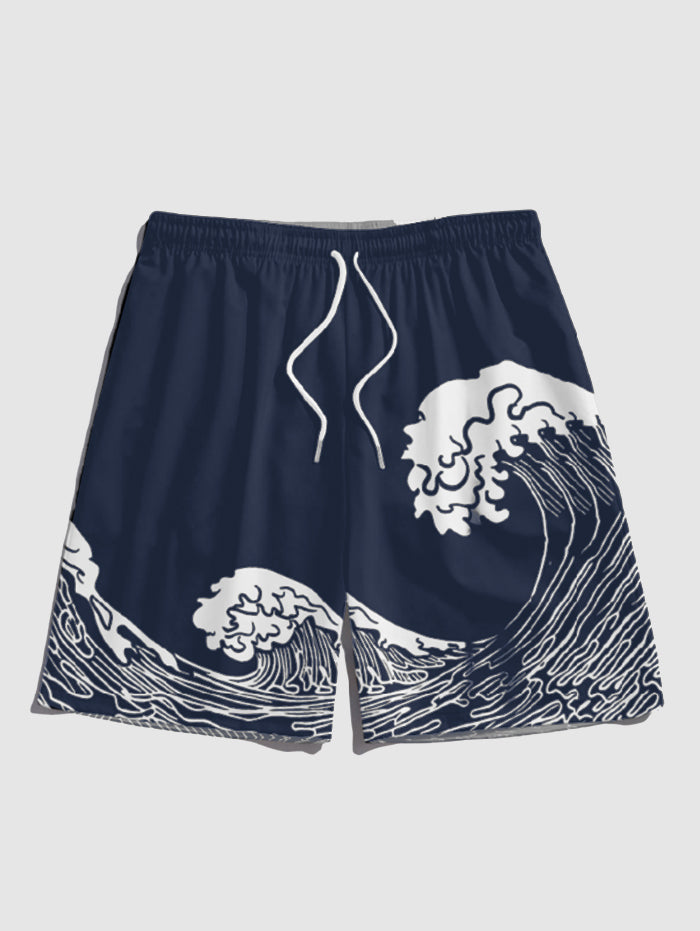 Men's Sea Waves Printed Vacation Casual Drawstring Shorts Kosyway