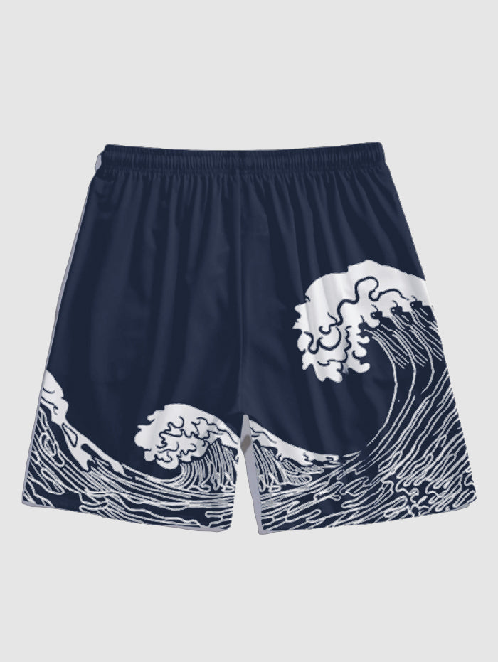 Men's Sea Waves Printed Vacation Casual Drawstring Shorts Kosyway