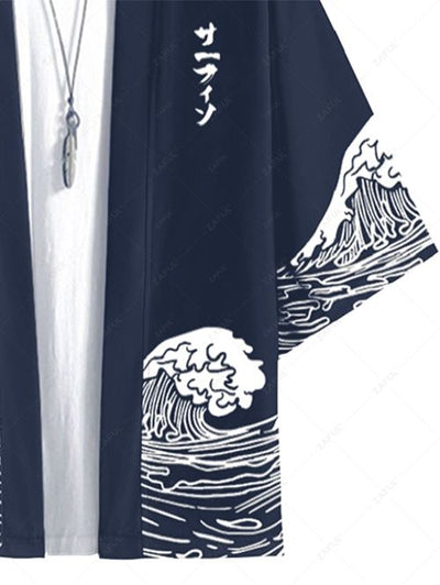 Men's Sea Wave Japanese Print Open Front Kimono Kosyway