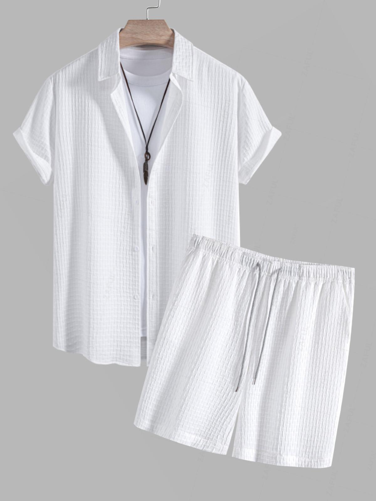 Men's Jacquard Textured Button Up Short Sleeves Shirt And Casual Drawstring Shorts Set