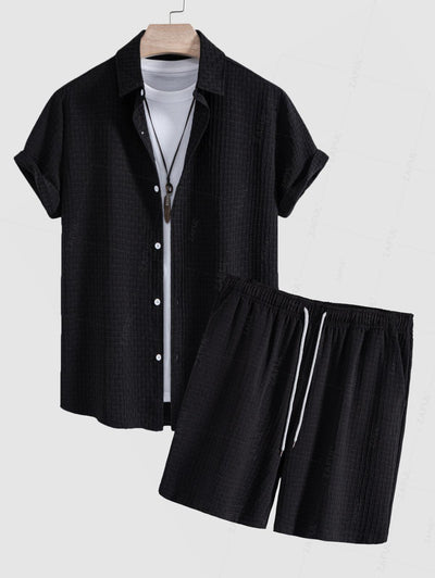 Men's Jacquard Textured Button Up Short Sleeves Shirt And Casual Drawstring Shorts Set Kosyway