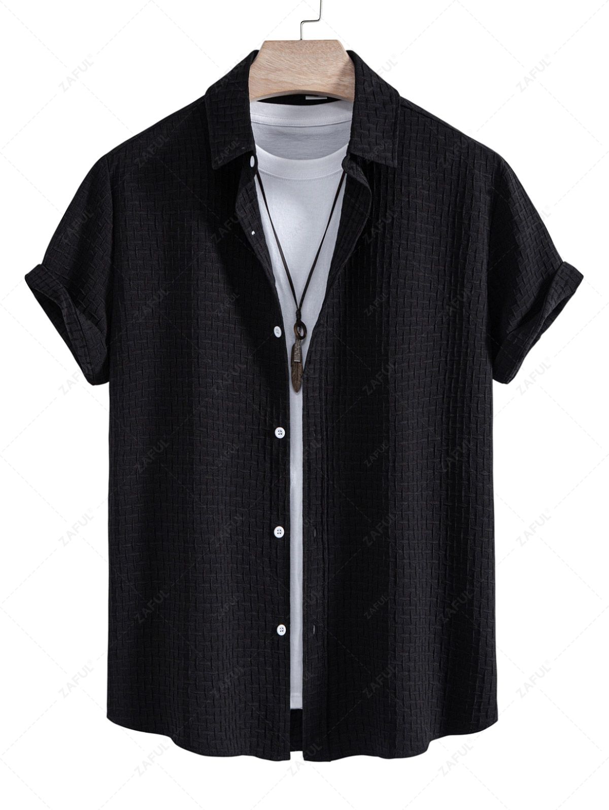 Men's Jacquard Textured Button Up Short Sleeves Shirt And Casual Drawstring Shorts Set Kosyway