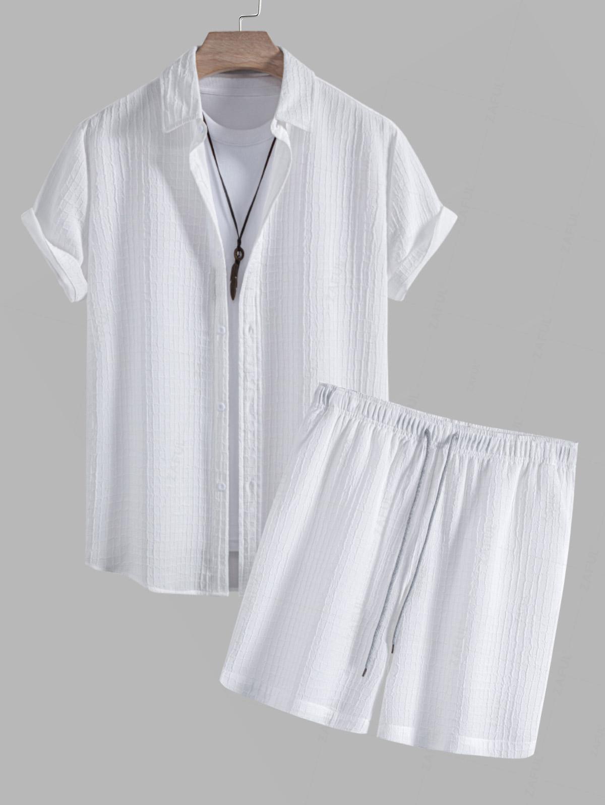 Men's Wrinkle Square Textured Button Up Short Sleeves Shirt And Casual Drawstring Shorts Set