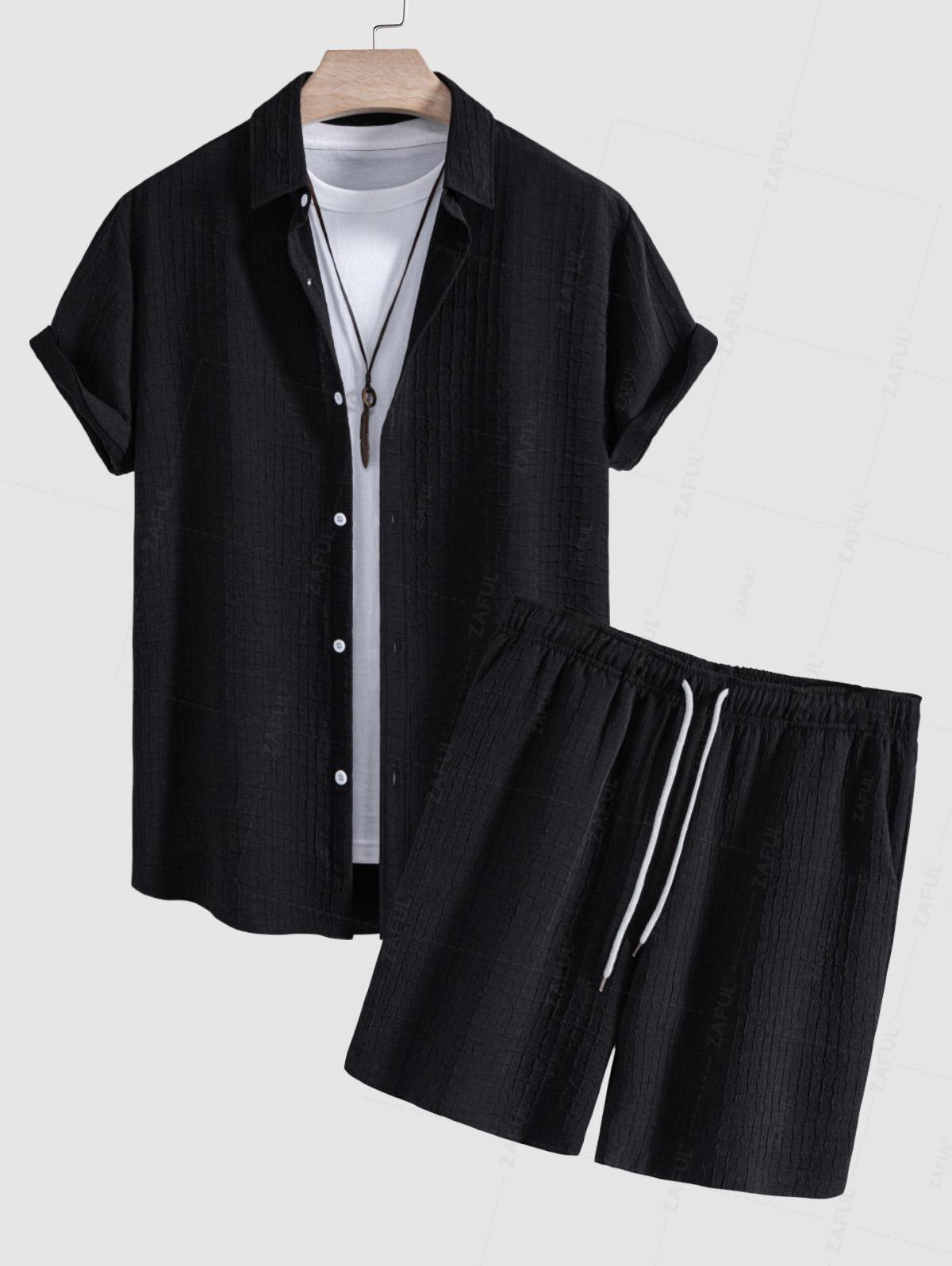 Men's Wrinkle Square Textured Button Up Short Sleeves Shirt And Casual Drawstring Shorts Set Kosyway