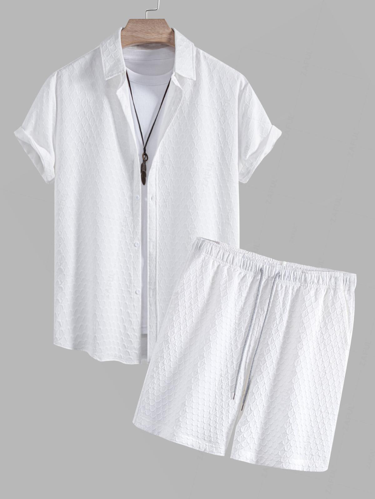 Men's Mermaid Tail Textured Button Up Short Sleeves Shirt And Casual Drawstring Shorts Set