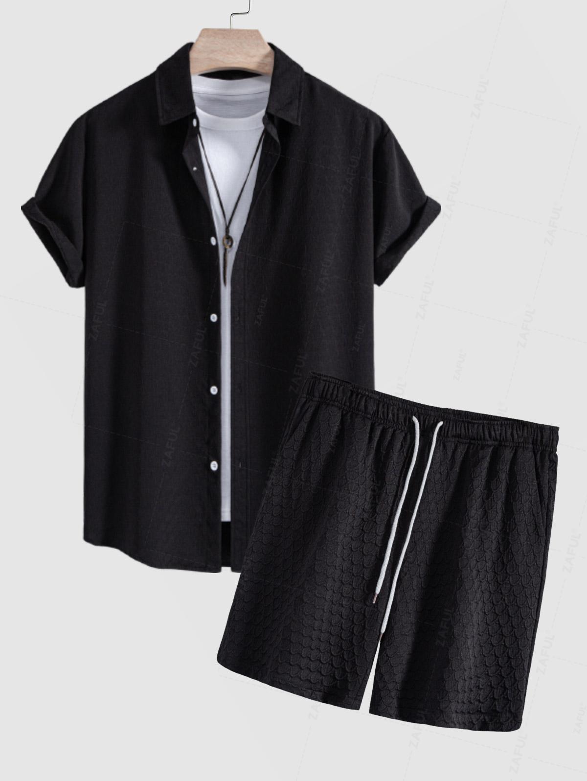 Men's Mermaid Tail Textured Button Up Short Sleeves Shirt And Casual Drawstring Shorts Set