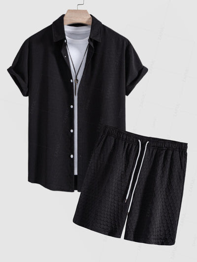 Men's Mermaid Tail Textured Button Up Short Sleeves Shirt And Casual Drawstring Shorts Set Kosyway