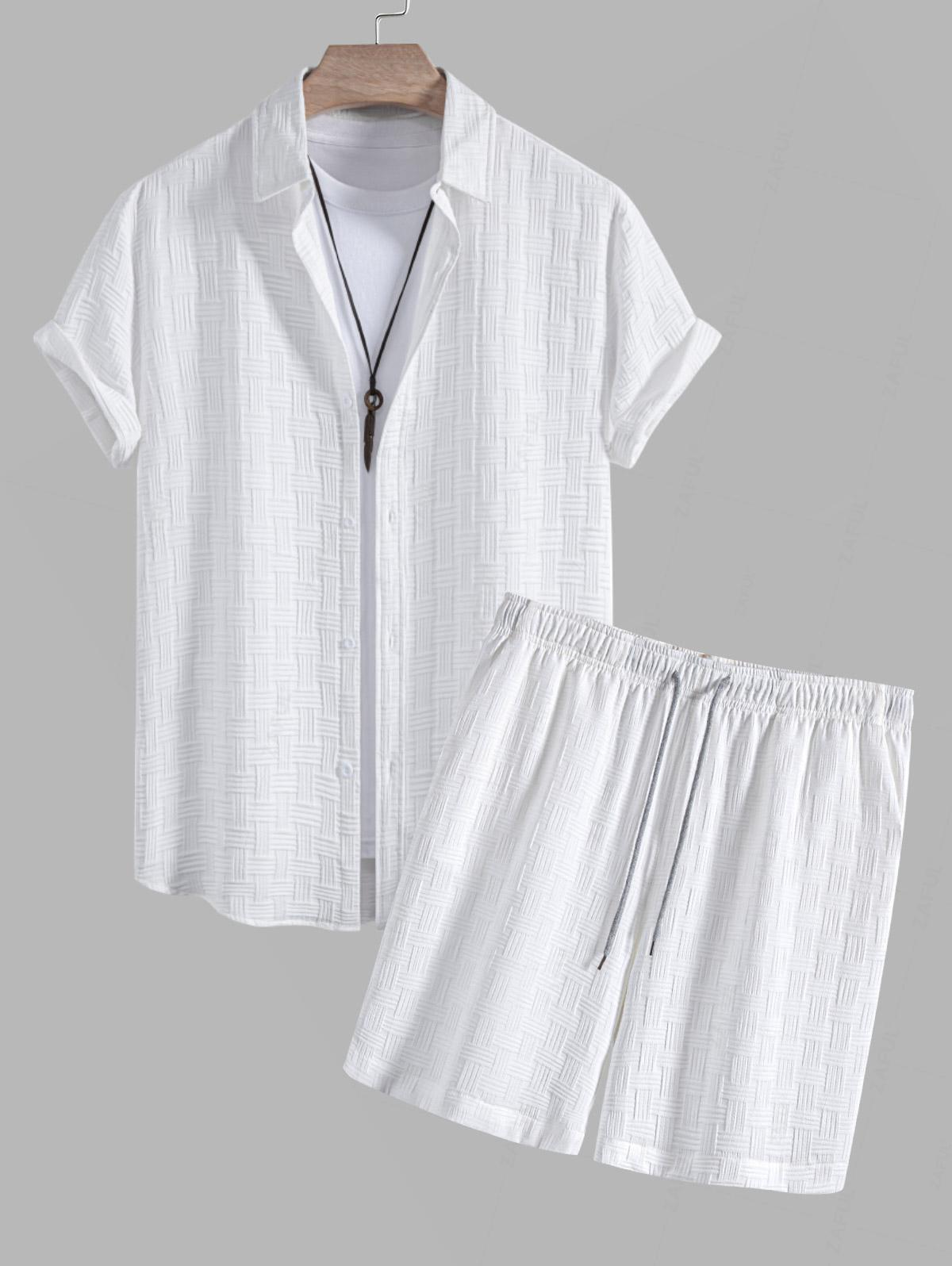 Men's Cross Knot Jacquard Textured Button Up Short Sleeves Shirt And Casual Drawstring Shorts Set