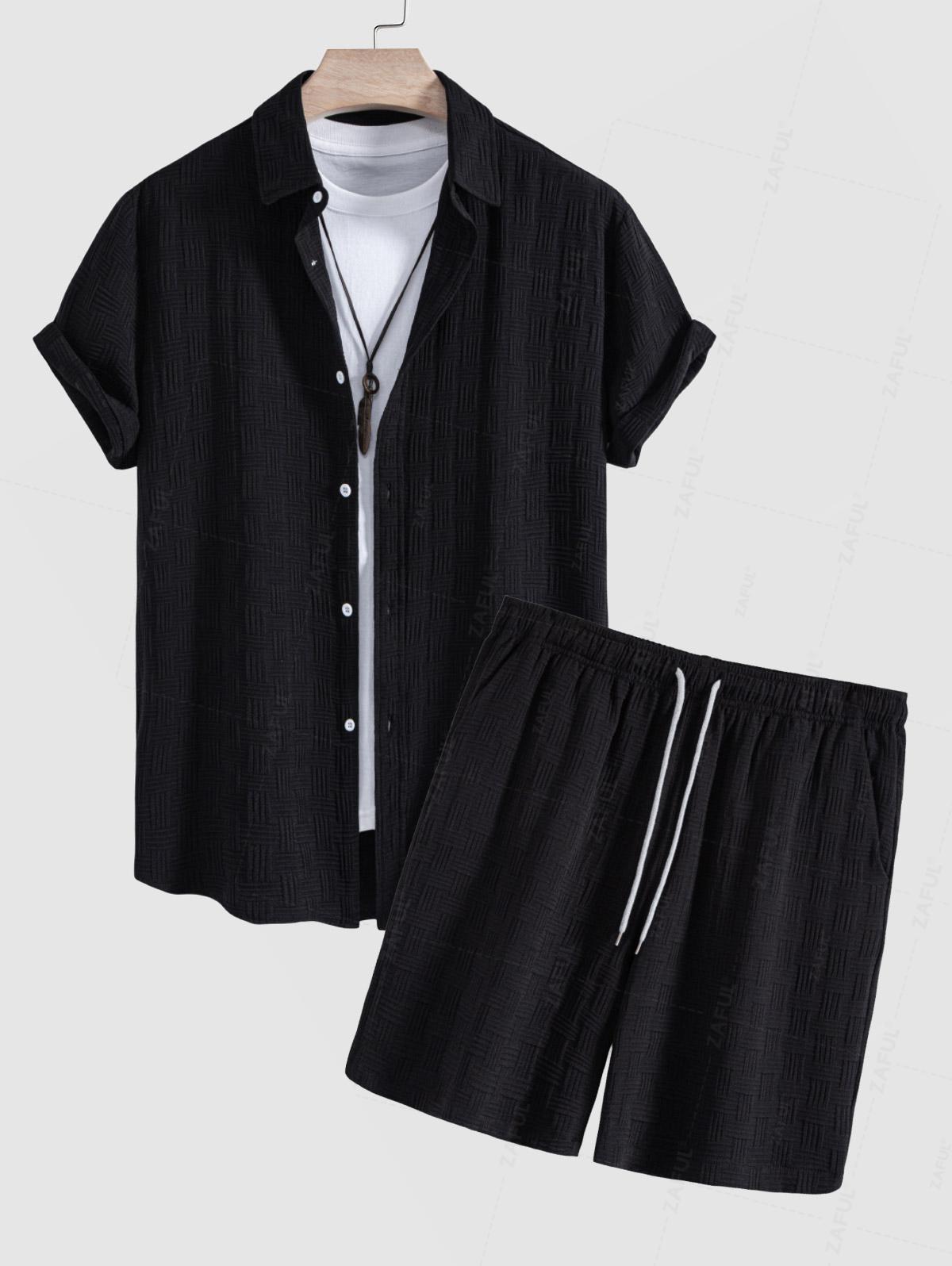 Men's Cross Knot Jacquard Textured Button Up Short Sleeves Shirt And Casual Drawstring Shorts Set Kosyway