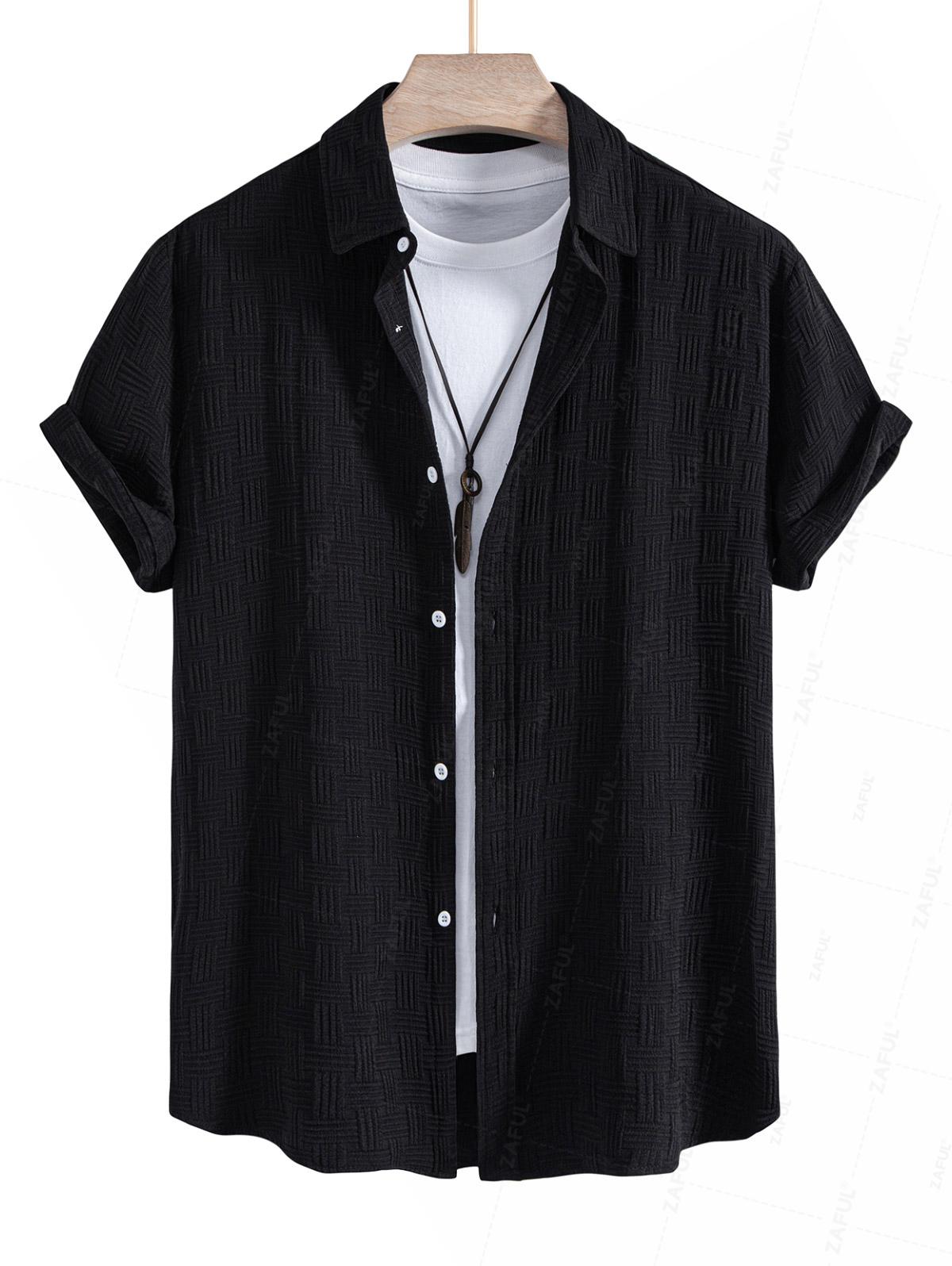 Men's Cross Knot Jacquard Textured Button Up Short Sleeves Shirt And Casual Drawstring Shorts Set