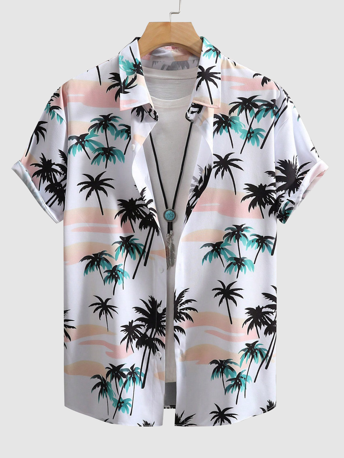 Men's Tropical Coconut Tree Print Hawaiian Summer Casual Beach Vacation Button Short Sleeve Shirt