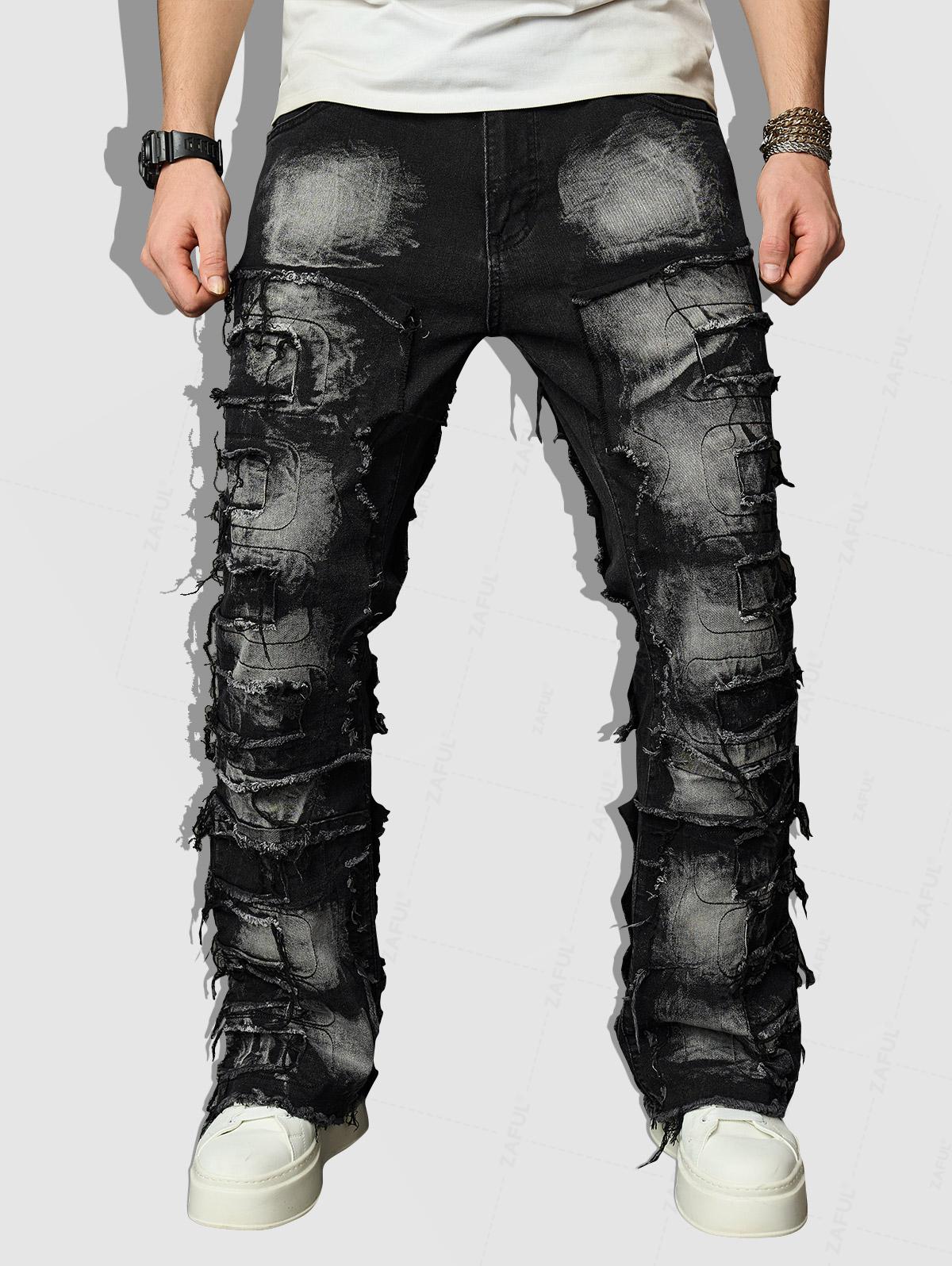 Men's Distressed Design Zip Fly Straight Leg Jeans