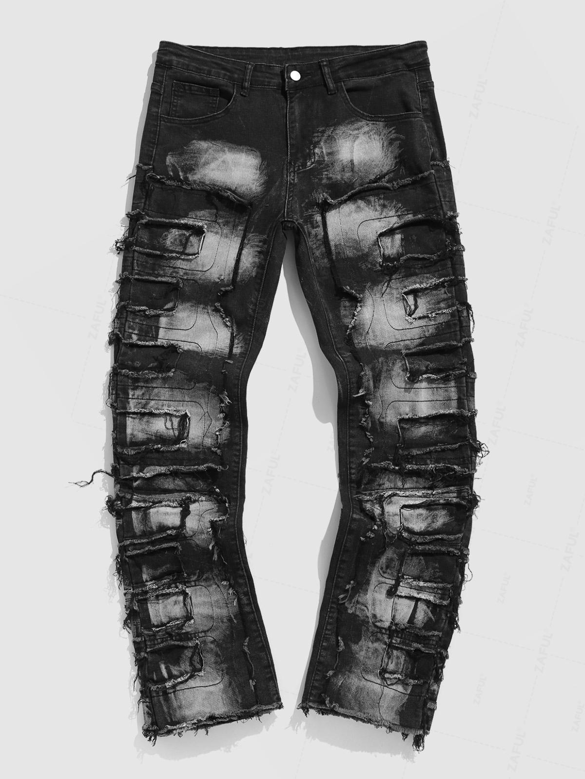 Men's Distressed Design Zip Fly Straight Leg Jeans