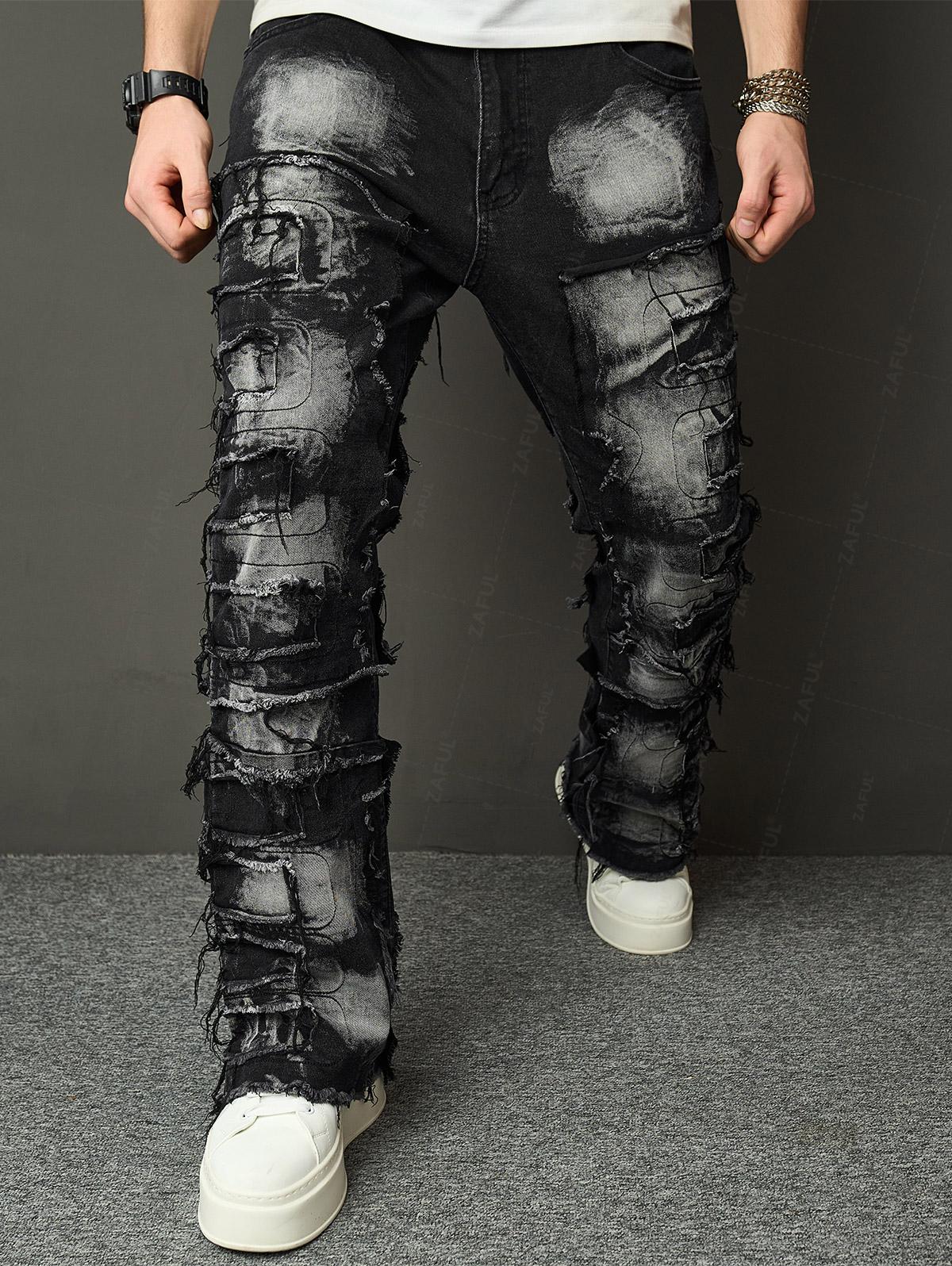 Men's Distressed Design Zip Fly Straight Leg Jeans