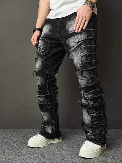 Men's Distressed Design Zip Fly Straight Leg Jeans