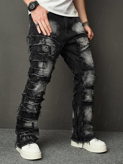 Men's Distressed Design Zip Fly Straight Leg Jeans