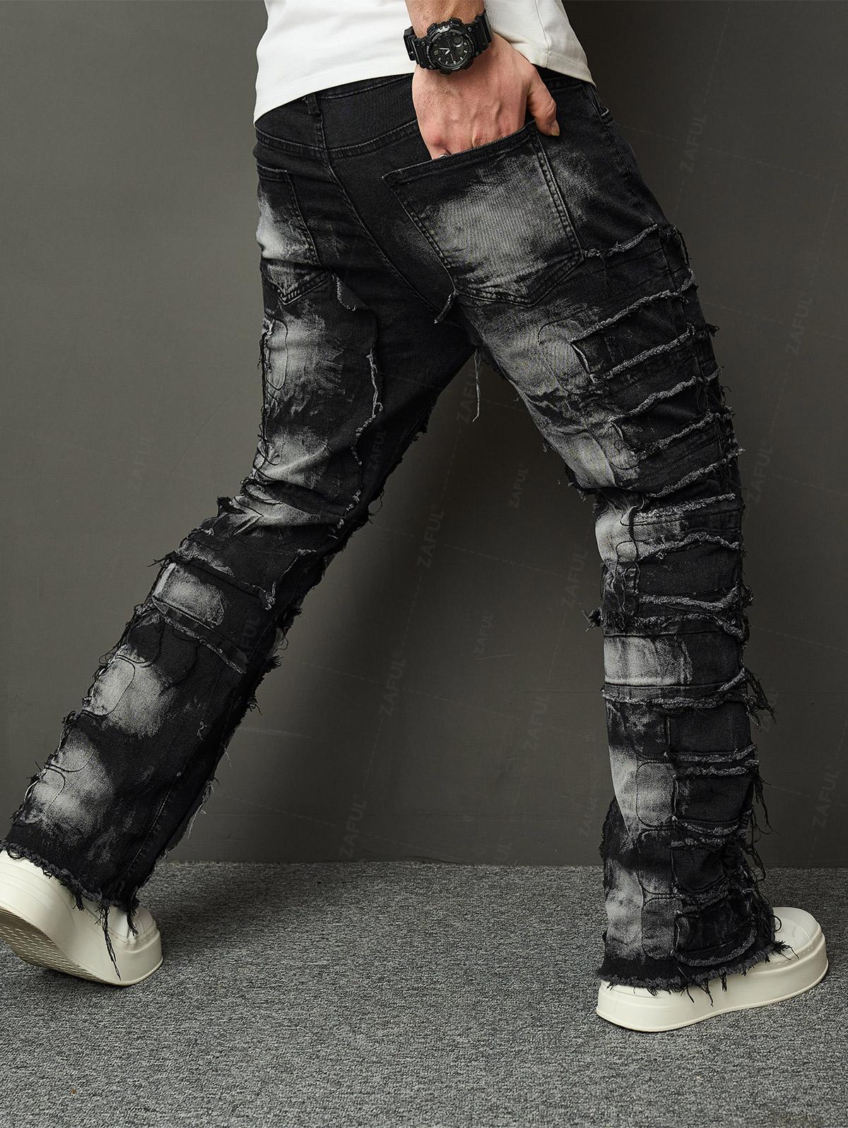 Men's Distressed Design Zip Fly Straight Leg Jeans