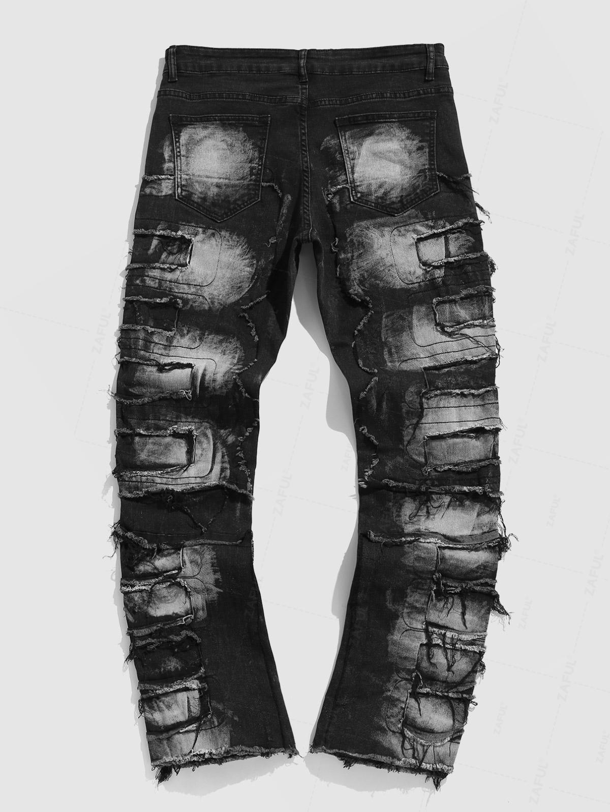 Men's Distressed Design Zip Fly Straight Leg Jeans