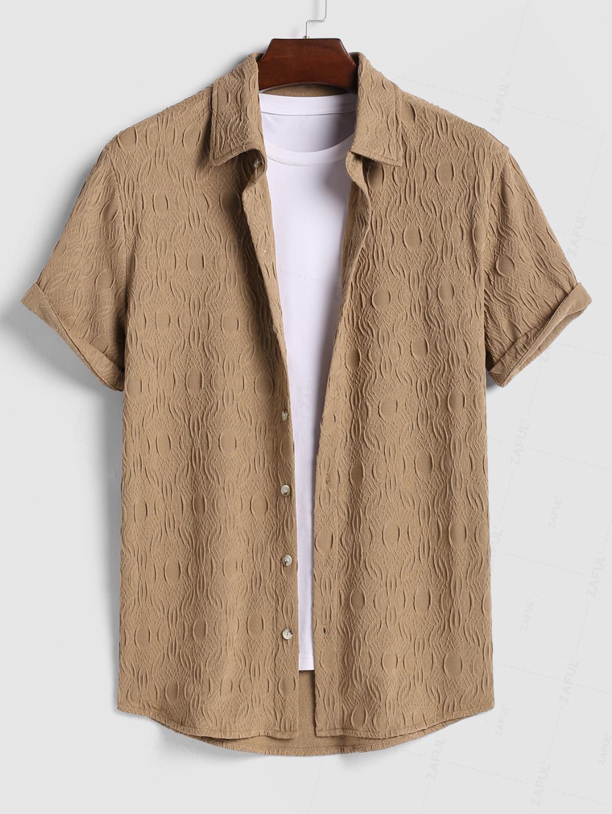 Men's Jacquard Textured Asymmetric Hem Button Up Short Sleeves Shirt