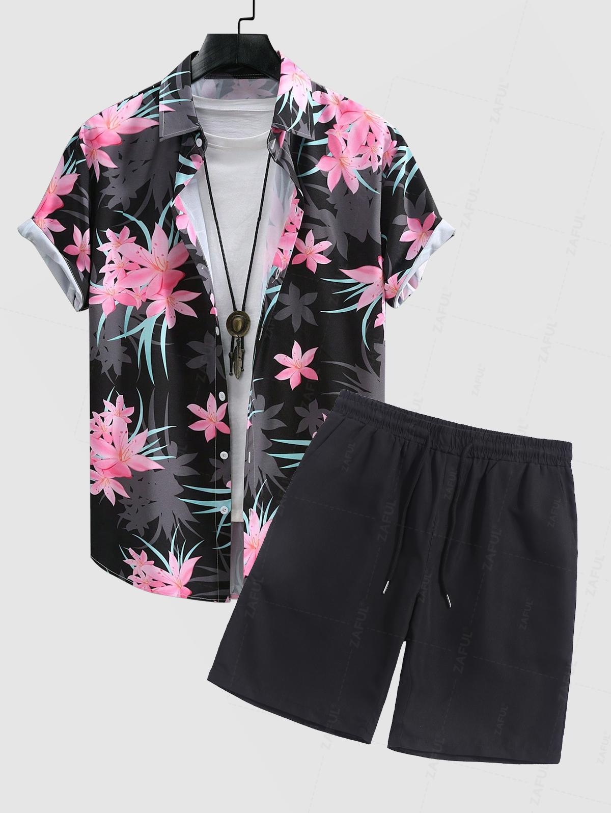 Men's Floral Printed Short Sleeves Shirt And Casual Drawstring Shorts Set