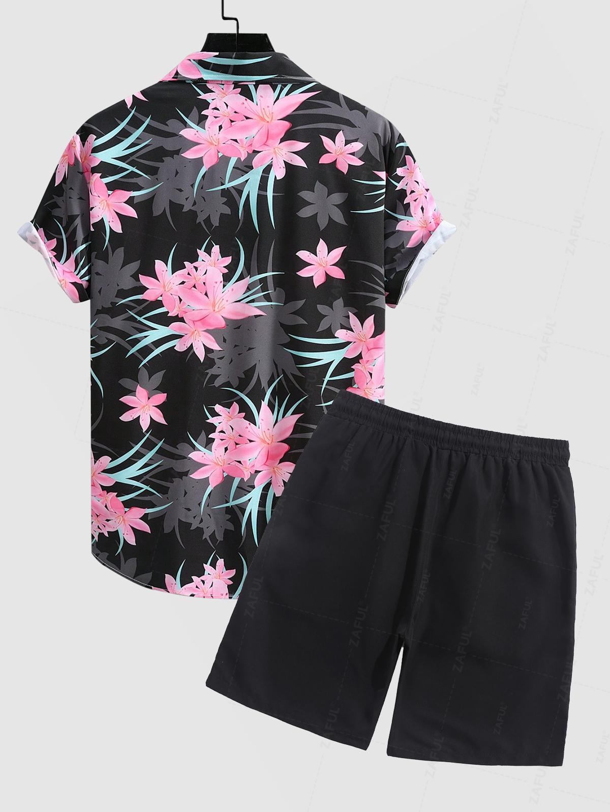 Men's Floral Printed Short Sleeves Shirt And Casual Drawstring Shorts Set