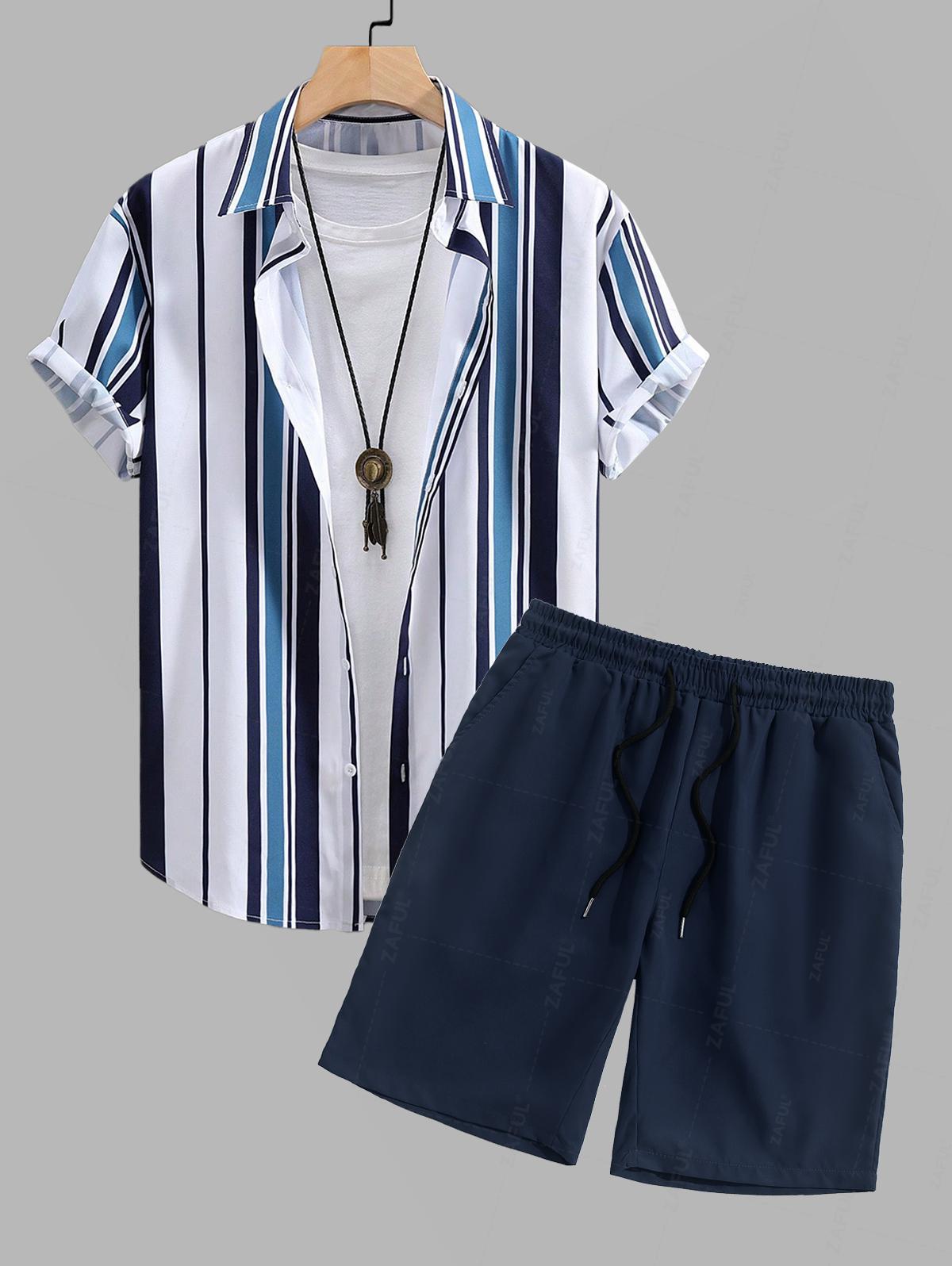 Men's Striped Printed Short Sleeves Shirt And Casual Drawstring Shorts Set Kosyway