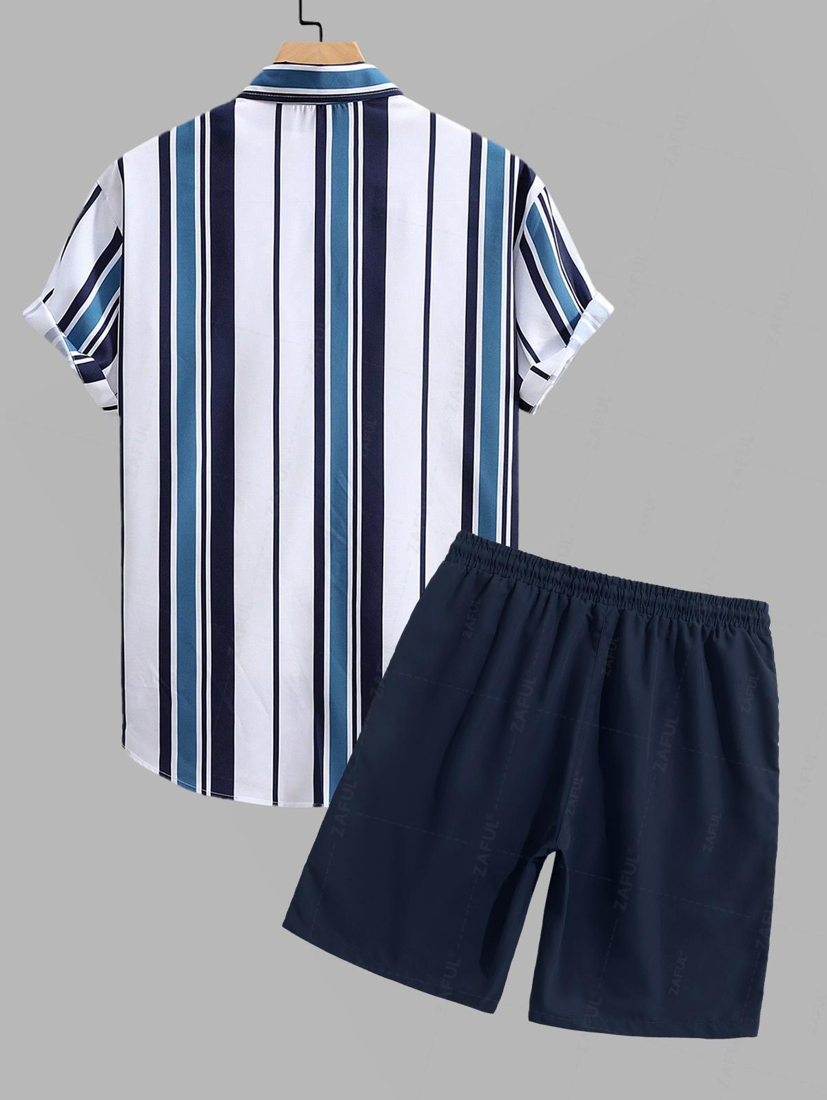 Men's Striped Printed Short Sleeves Shirt And Casual Drawstring Shorts Set Kosyway