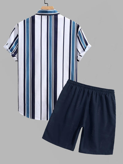 Men's Striped Printed Short Sleeves Shirt And Casual Drawstring Shorts Set