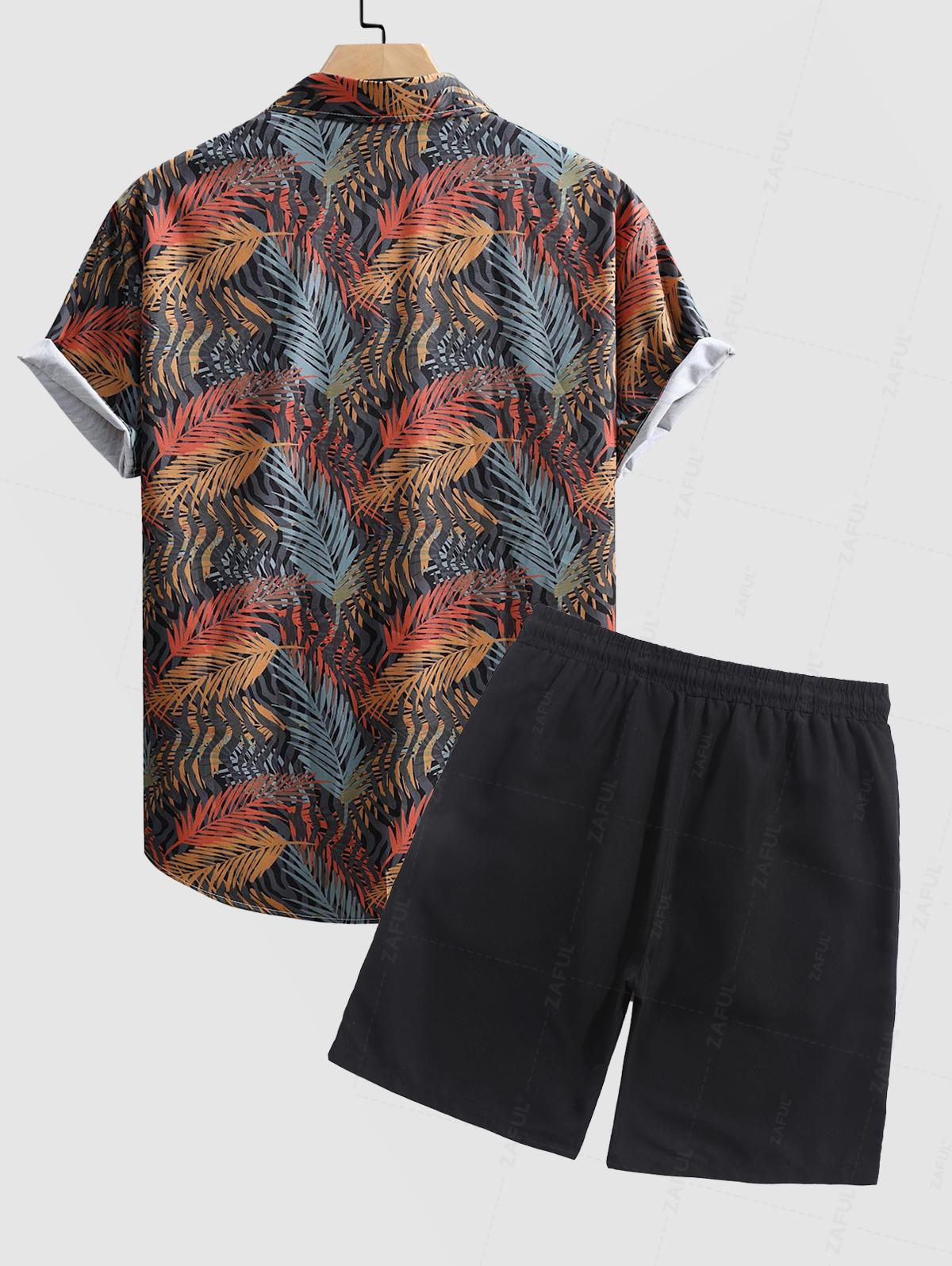 Men's Plant Leaves Printed Short Sleeves Shirt And Casual Drawstring Shorts Set