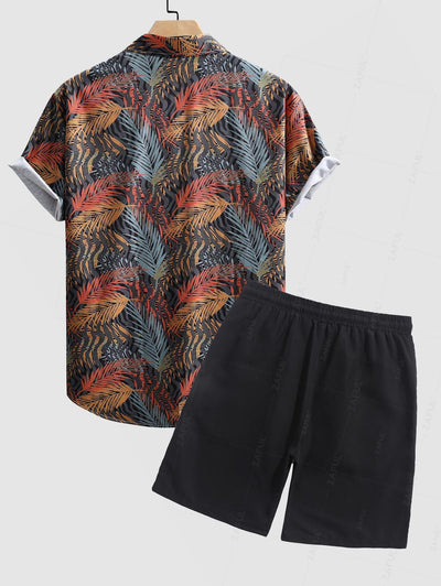 Men's Plant Leaves Printed Short Sleeves Shirt And Casual Drawstring Shorts Set Kosyway