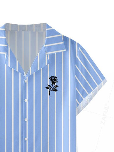 Men's Vertical Striped Floral Rose Printed Camp Collar Button Up Short Sleeves Shirt