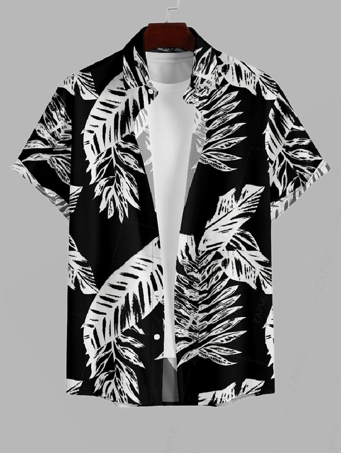 Men's Plant Leaves Printed Button Up Vacation Short Sleeves Shirt And Basic Casual Shorts Set