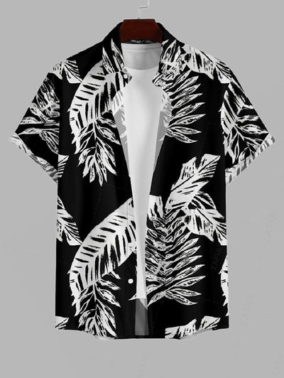 Men's Plant Leaves Printed Button Up Vacation Short Sleeves Shirt And Basic Casual Shorts Set Kosyway