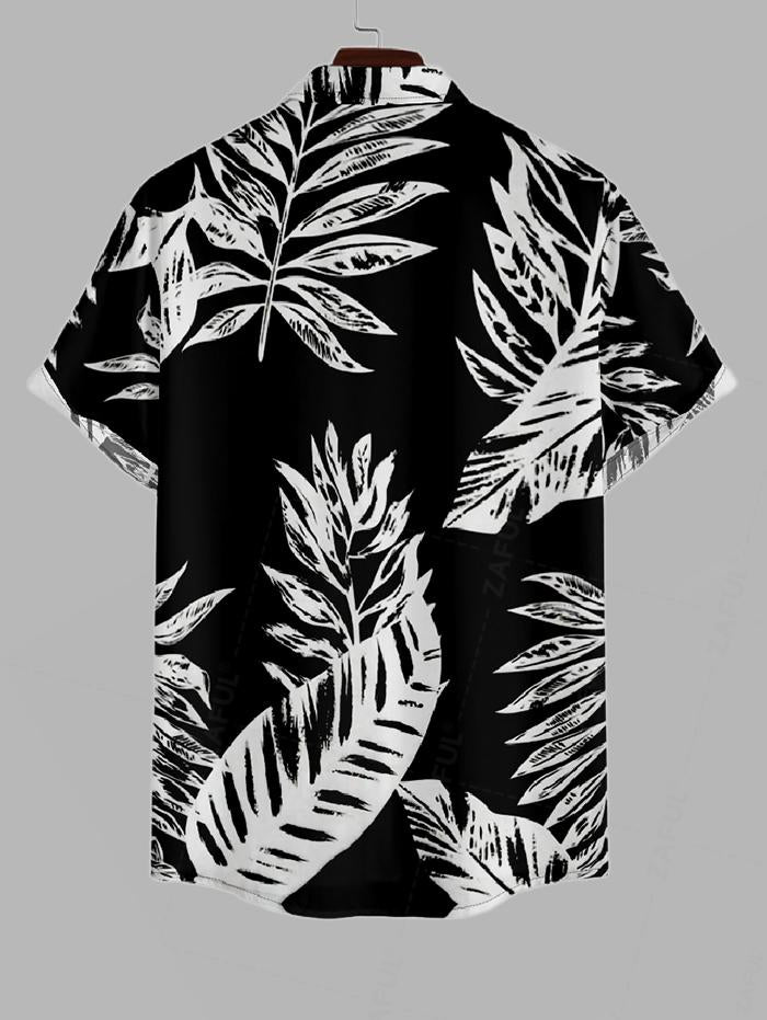 Men's Plant Leaves Printed Button Up Vacation Short Sleeves Shirt And Basic Casual Shorts Set