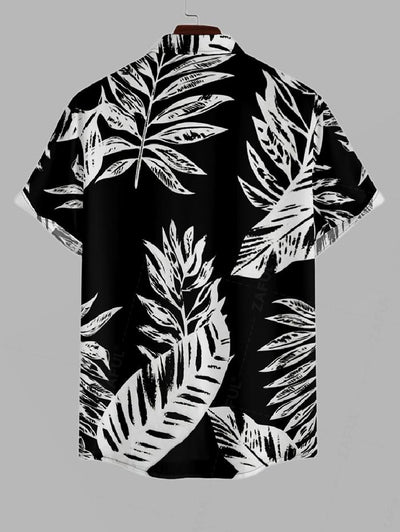 Men's Plant Leaves Printed Button Up Vacation Short Sleeves Shirt And Basic Casual Shorts Set Kosyway