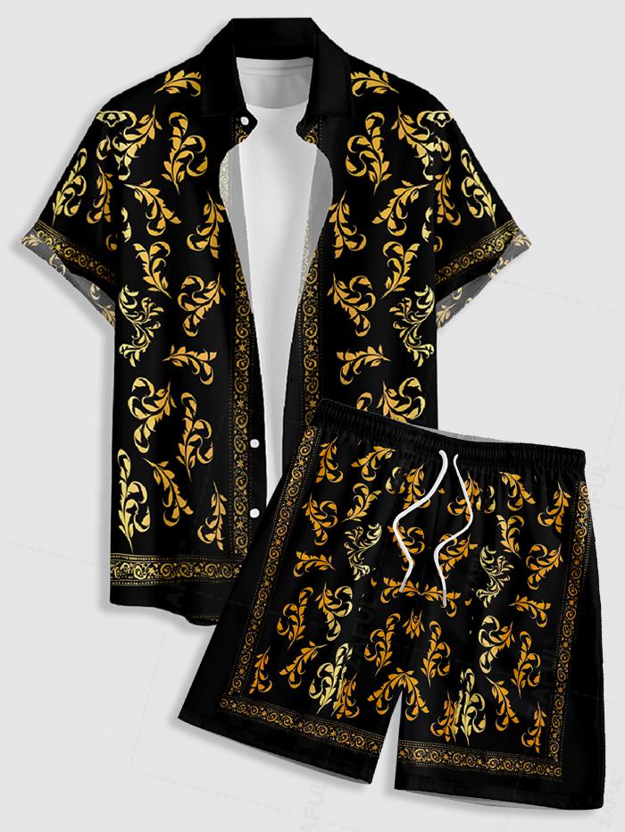 Men's Plant Leaves Baroque Print Button Up Short Sleeves Shirt And Drawstring Shorts Set