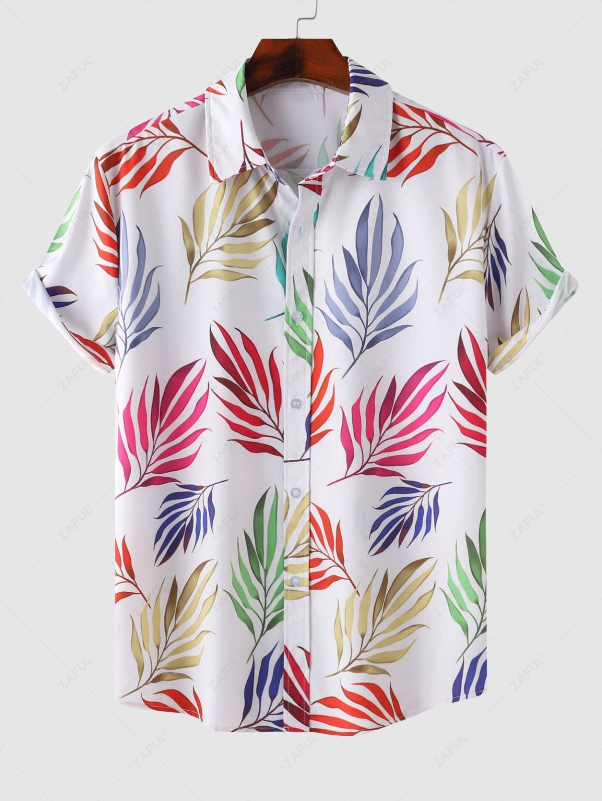 Men's Colorful Plant Leaves Printed Hawaii Vacation Short Sleeves Shirt