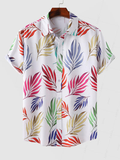 Men's Colorful Plant Leaves Printed Hawaii Vacation Short Sleeves Shirt Kosyway