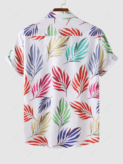 Men's Colorful Plant Leaves Printed Hawaii Vacation Short Sleeves Shirt Kosyway